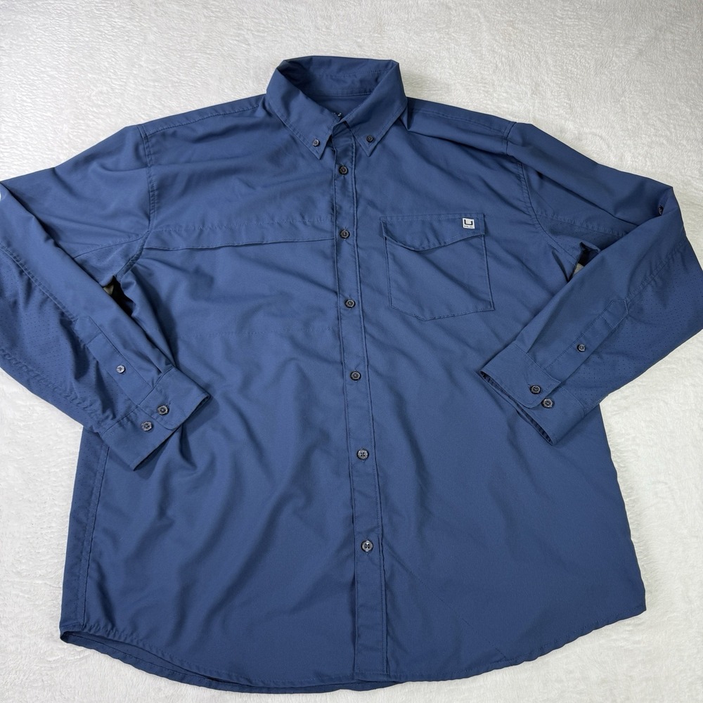 Huk Fishing Shirt Mens XL Blue Tide Point Long Sleeve Woven Vented Performance